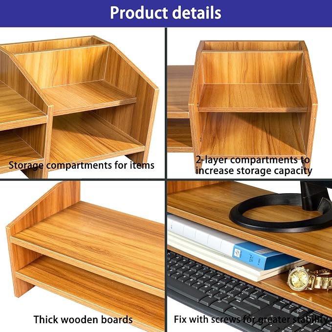 Catekro Monitor Stand Riser, 2 Tiers Wood Monitor Riser Stand Brown | Multi-Purpose Desktop Organizer Riser with Storage Organizer for Computer, Laptop, Printer