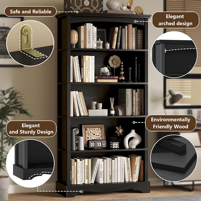 TVU 5-Tier Wooden Bookshelf, 31.5" W x 65" H ×9.9" D Bookshelf with Storage, Floor Standing Modern Style Display Bookcase for Living Room, Office, Study Room, Entryway, Black