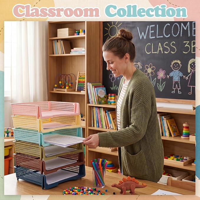 Weysat 6 Pcs Turn in Trays Classroom, Stackable Paper Tray for Classroom Organization Plastic Desk File Organizer Bin Basket for Library Drawer Teacher Office Document Storage (Morandi Tones,Wide)