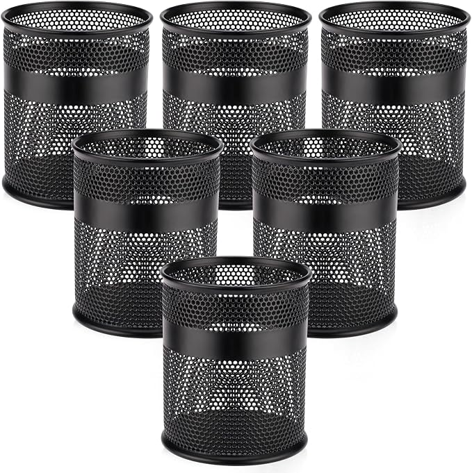 Segarty 6 Pack Black Steel Mesh Pen Cups Desk Pen Pencil Holder, Round Pen Container Pencil Cups Desk Organizers for Home Office