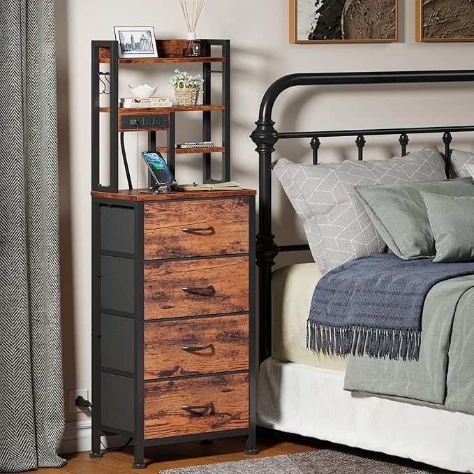 Night Stand Set 2, LED Nightstand with Charging Station | 4 Fabric Drawers and 4 Tier Storage Shelf, Bedside End Table for Bedroom, Dorm, Office, Rustic Brown