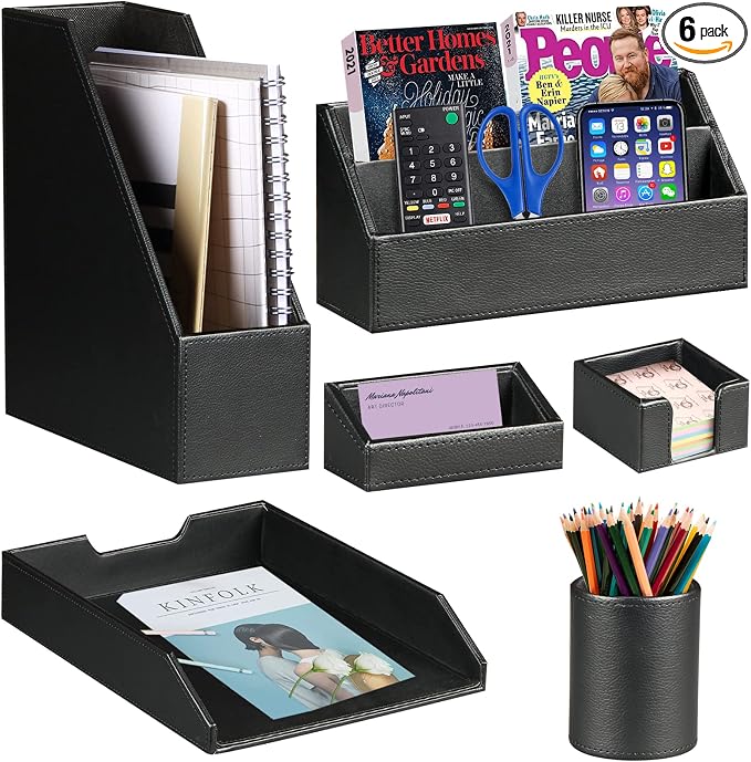 Ayunga PU Leather 6-piece Office Supplies Combination Set,Pencil Cup,Business Card Holder,Sticky Note Dispenser,Mail Sorter,Letter Tray,Files Holder,Suitable for Self-use and Friend Gifts(Black)