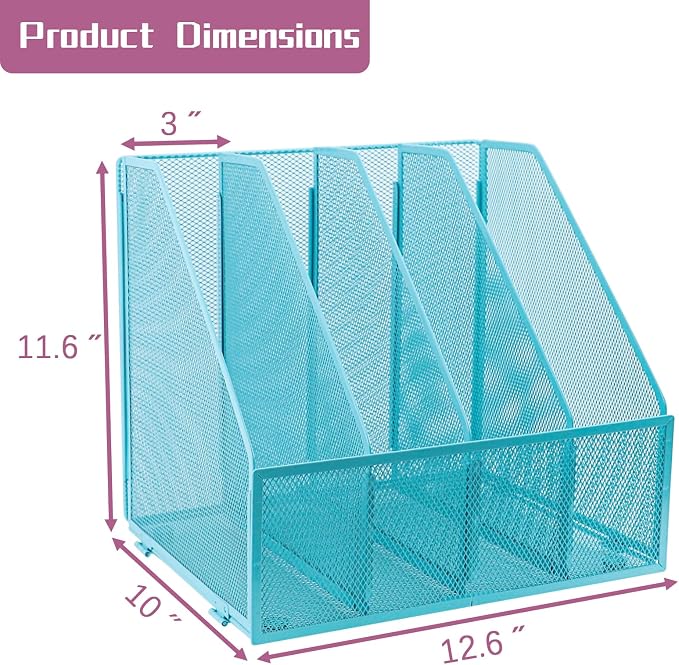 Desk Organizers, Metal Magazine File Holder with 4 Vertical Compartments Rack Binder File Organizer for Office Supplies, Home Workspace - Blue