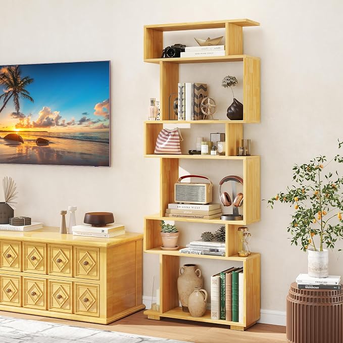 Tangkula 6-Tier S-Shaped Bookshelf, 64" Freestanding Geometric Bookcase, Home Office Wood Storage Shelf with Anti-Toppling Device, Room Divider Display Rack for Study, Living Room (1, Burlywood)