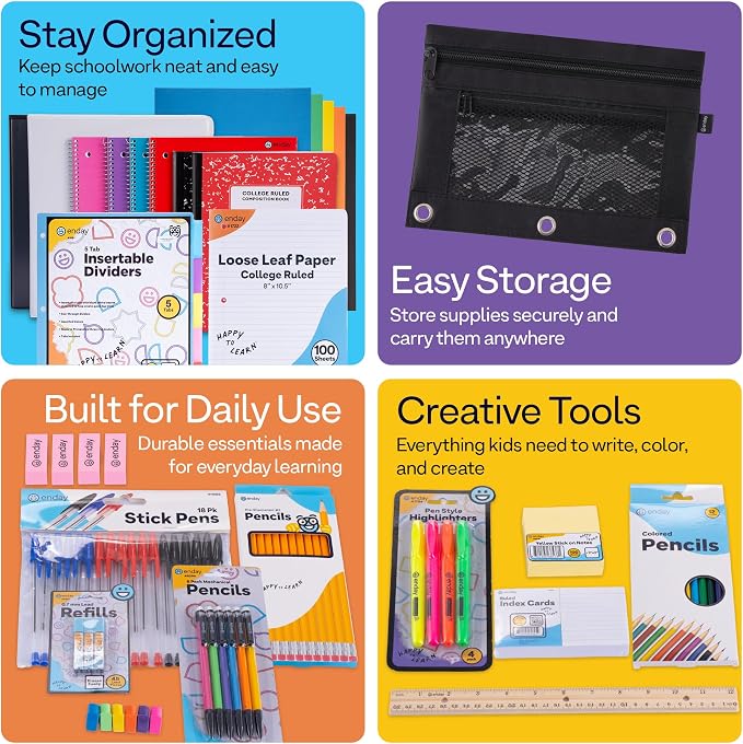 Enday Back to School Supplies High School Kit for Kids with Folders, Notebooks, Pencils, Pens & More Back to School Supplies Kit School Supply Bundle for Classroom Essentials