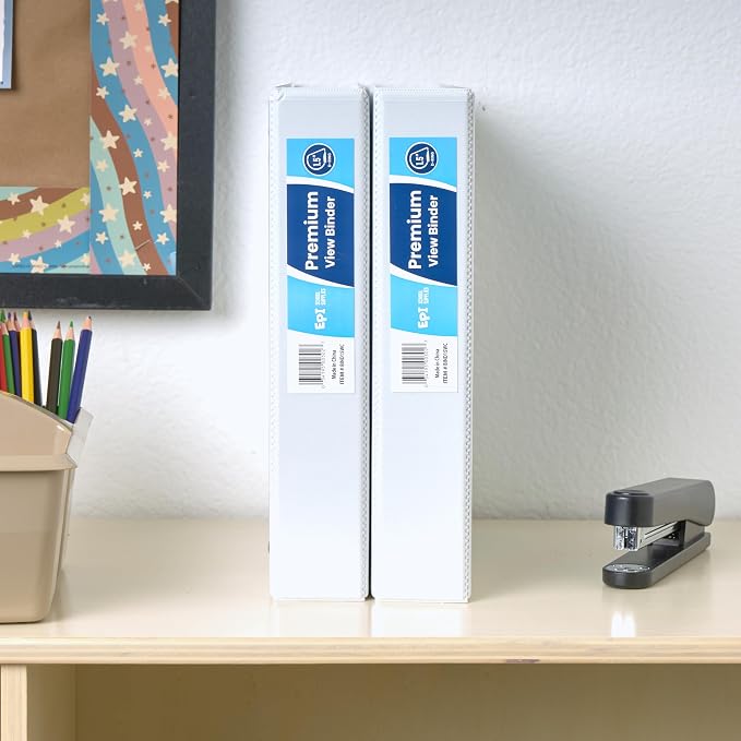 12 Pack White 3-Ring Binders, 1.5", Slant D-Ring, Durable, EPI Premium, Heavy Duty, Holds 375 Sheets, Clear View Presentation, Non-Stick, 2 Inside Pockets, Organizer for School, Home Office