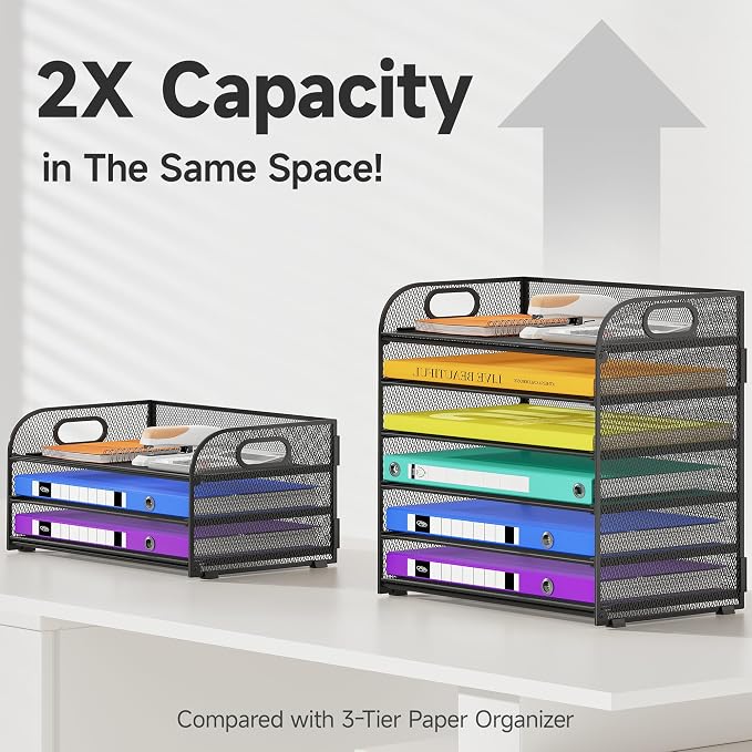 Cawukege 6 Tier Paper Organizer with Handle, Metal Desk Organizer Mesh Paper Letter Tray Desktop File Folder Document Sorter for Classroom, School, Office Accessories Storage (1, 6 Tier - Black)