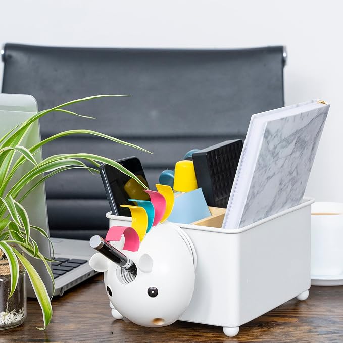 Desk Organizer, 1-5 Module Compartments - Storage for Stationery Supplies, Accessories, brushes - Home, Office, School, Dorm, Studio - Build in Pen & Pencil Holder (White Unicorn)