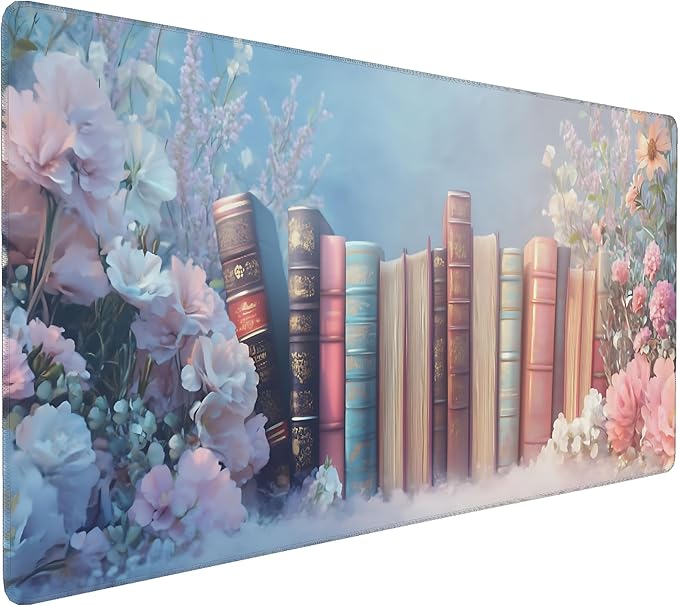 Cute Floral Aesthetic Book Gaming Mouse Pad, Blue Pink Dreamy Desk Mat with Anti-Slip Base & Stitched Edges, Office Supplies & Desk Decor for Women, 35.4" x 15.7" in Home Office Essentials