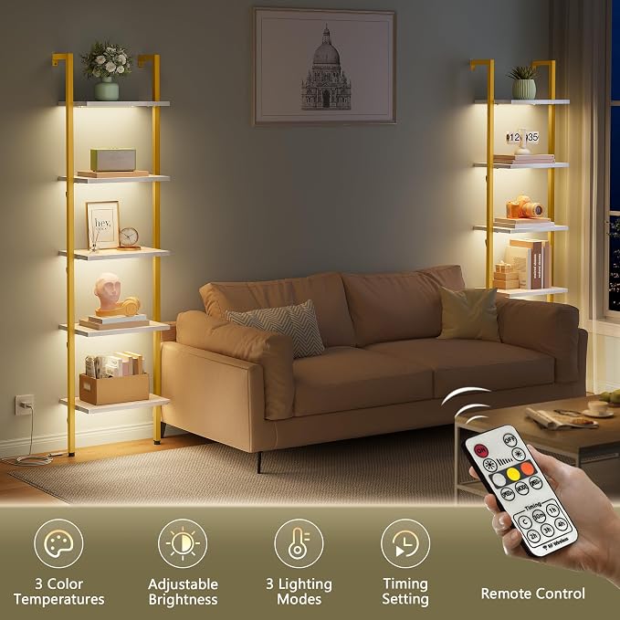 5 Tier Ladder Shelf with Light, Wall Ladder Book Shelf Gold & White | Wooden Ladder Shelf with Metal Frame, Leaning Ladder Shelf Narrow Ladder Bookshelf for Living Room, Bedroom, Office