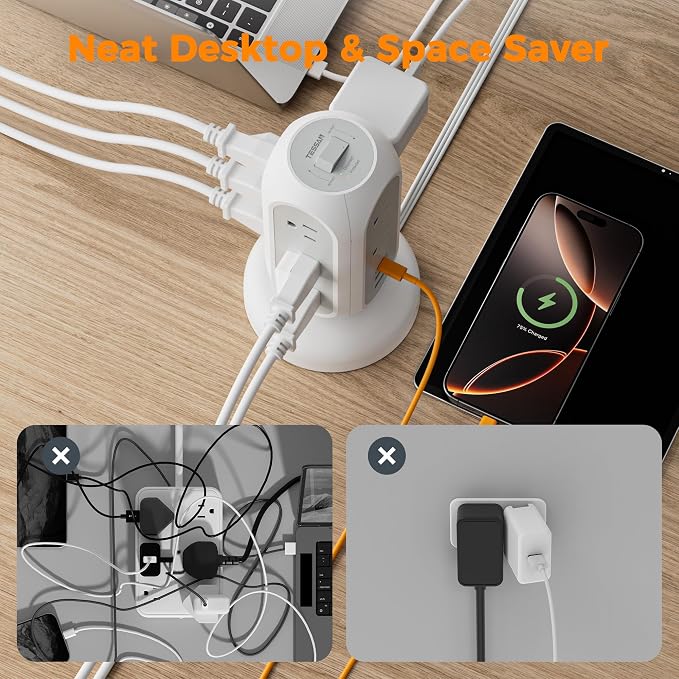 TESSAN Tower Power Strip Flat Plug with 1050J Surge Protection, 5 Ft, Grey | 11 Outlets 3 USB (1 USB C), Surge Protector Power Tower, Retractable Extension Cord with Multiple Outlets for Dorm, Office
