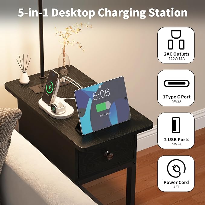 runjuly Floor Lamp with Table, Narrow Side Table with Charging Station | Wood Drawer, Built in Type-C and USB Port, Open Shelves, Light Attached Nightstand, End Table for Living Room Bedroom, Black
