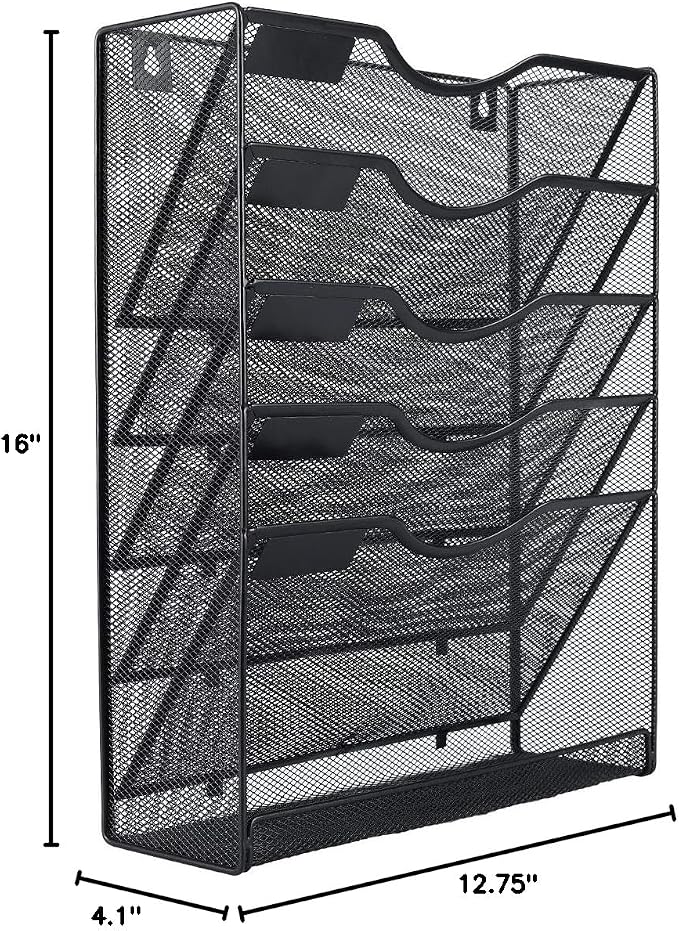 EasyPAG 5 Tier Wall File Holder Mesh Hanging Folder Organizer with Classify Label, Versatile Desk File Holder, Vertical Wall Mounted Mail Organizer for Office Home Cubicle, Black, Closed Sides