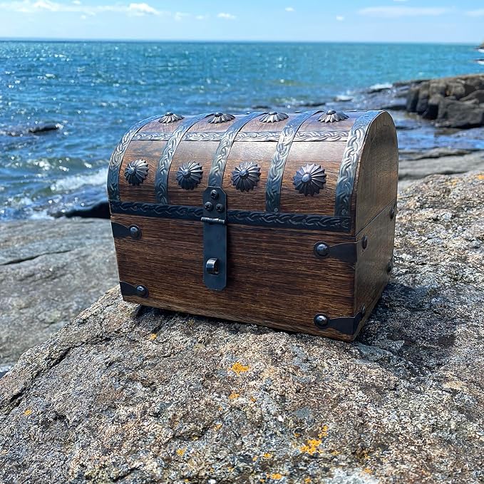 Nautical Cove Treasure Chest Keepsake and Decorative Wood Box (Large 8x6x6) - Storage Box, Wooden Box with Hinged Lid, Rustic Storage, Pirate Storage Box, Vintage Wooden Chest