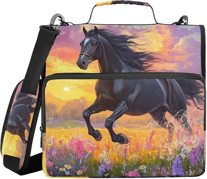 3 Ring Zipper Binder with Shoulder Strap Black Horse Flower Oil 2 Inch Zippered Binder Bag 500 Sheet Capacity Multi Pockets for School Supplies