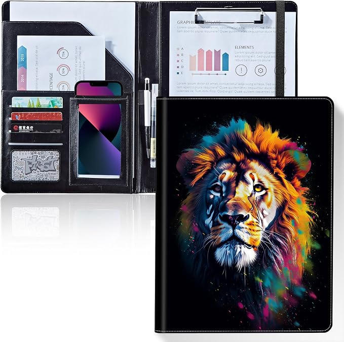 Padfolio/Portfolio Folder Clipboard,Padfolio Clipboard,Writing Portfolio Leather with Cover for Card Holder Slot Letter Size A4 for Office Conference Notepad Clip Boards,Colorful Lion