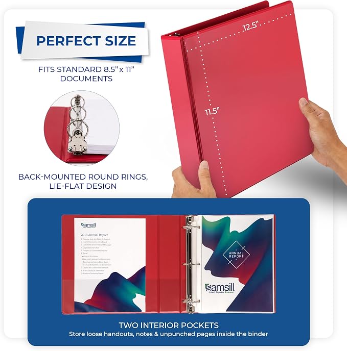 Samsill 2 Inch 3 Ring Binders, Economy Round Ring, Clear View Cover, 425 Sheet Capacity - for School, Home, Office - Red, 4 Pack
