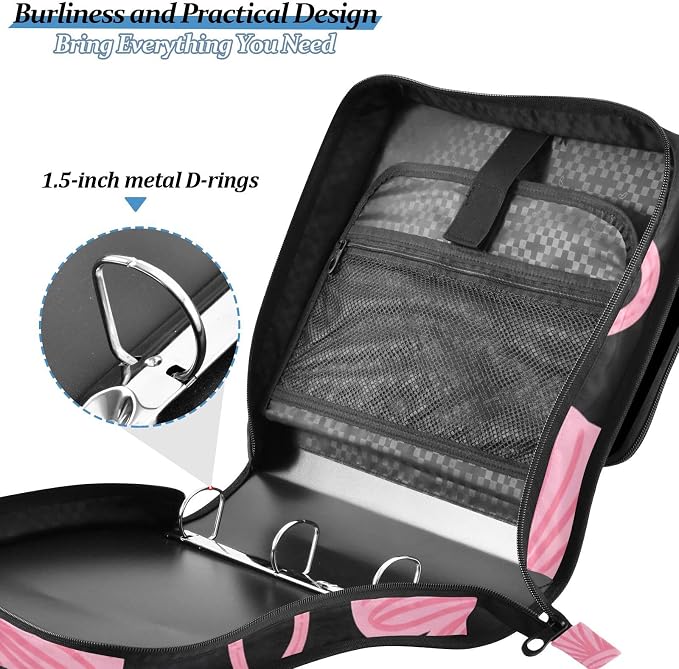Pink Bow Black Zipper Binder Bag 3 Ring Binder with Shoulder Strap Zip Up 500 Sheets Capacity Multi Pockets for School Office Supplies