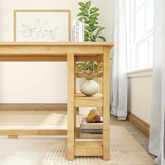 Plank+Beam Classic Desk, 55 Inch, with Shelves, Natural | Wooden Computer Desk with Shelves, Non-Toxic Finishes, Large Desk Space, Engineered Wood, Matching Style, Solid Wood