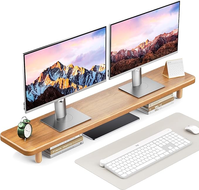 Dual Monitor Stand Riser, 39 Inch Extra Long Wooden Desktop Monitor Riser with Storage for 2 Monitors Ultra Strong Desk Shelf Organizer Riser Ergonomic for 2 Screens/Laptop/PC/TV/Printer (Light Walnut, 39inches)