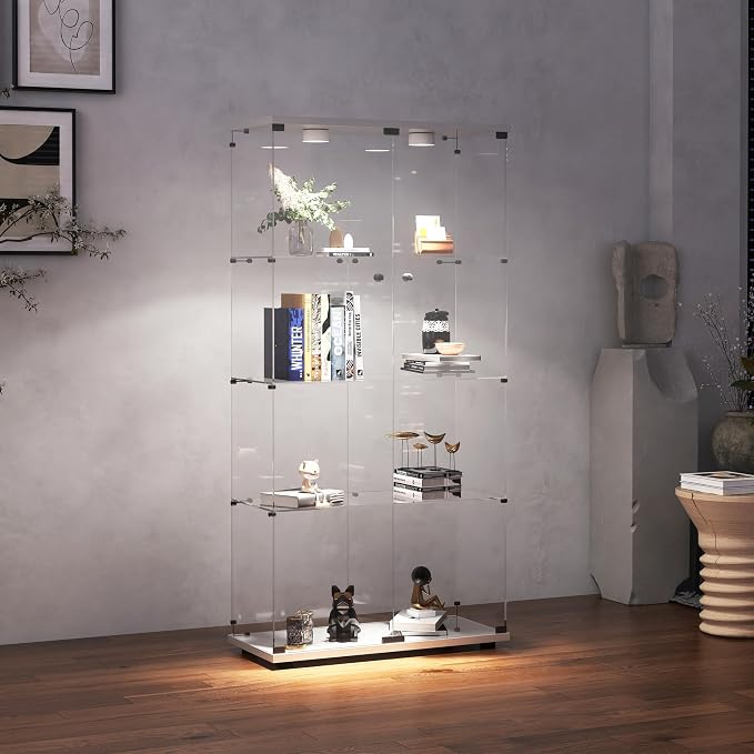 Frameless Glass Display Cabinet, Curio Cabinet Display Case with LED Lights and Lock, 2 Doors Quick-Install Floor Standing Showcase Display Shelf for Collectibles, Legos, Figures, Plants