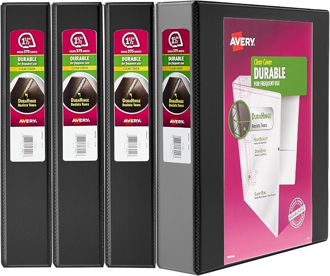 Avery Durable View 3 Ring Binder, 1-1/2 Inch Slant Rings, 4 Black Binders (05738)