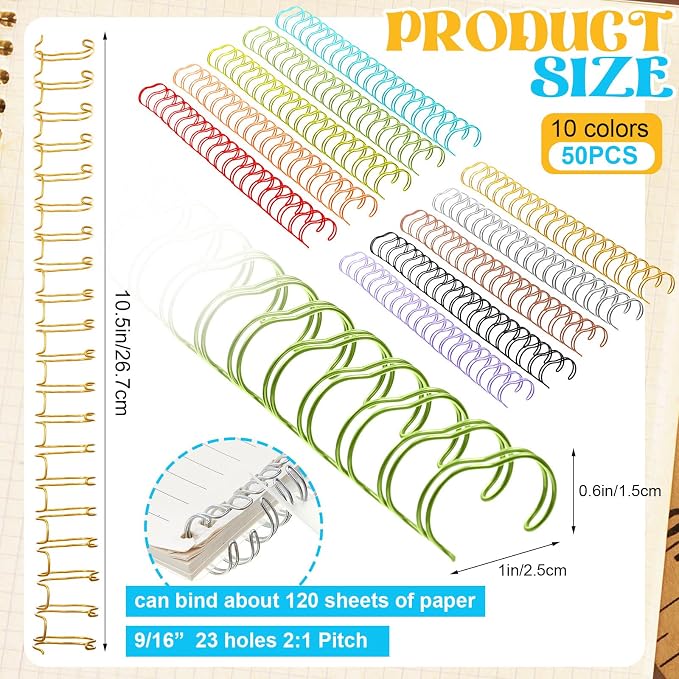 50 Pcs Metal Double Loop Binding Wires 9/16 Bulk Cinch Binding Wires Double Spiral Ring Coil 10 Colors Twin Spines Combs 23 Holes 2: 1 Pitch Cinch Coil Machine Wire