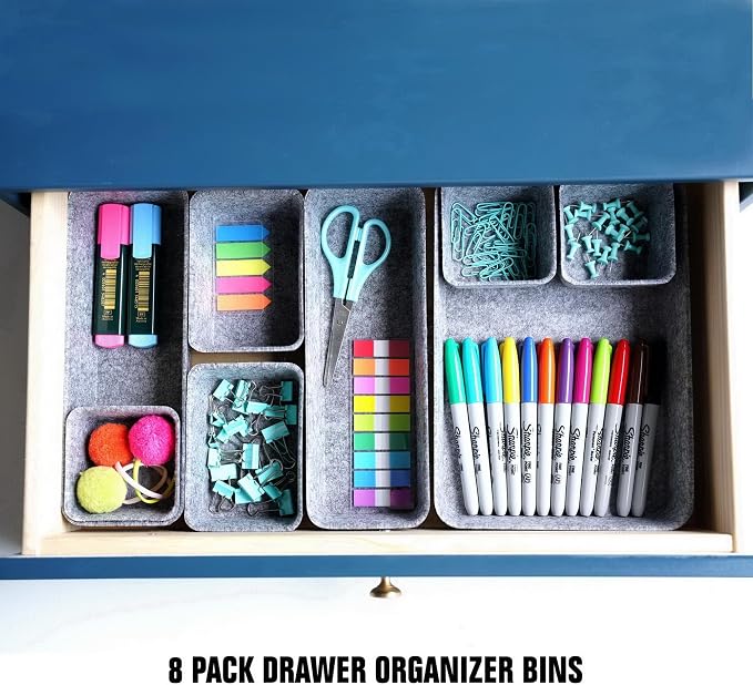Desk Drawer organizers tray Felt storage bins aesthetics room décor for home office dorm closet decluttering minimalist lifestyle (Gray)