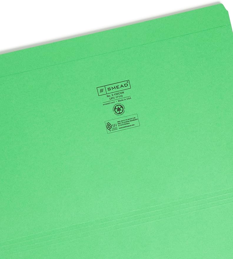 Smead File Folder, Reinforced Straight-Cut Tab, Legal Size, Green, 100 per Box (17110)