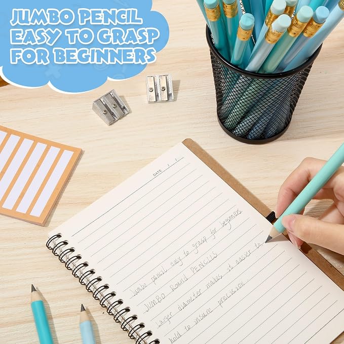 Fainne 48 Pcs Large Pencils 3 Sharpeners,Turquoise Blue Series,Round