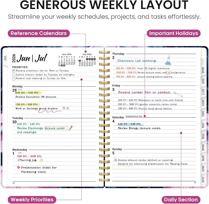 Taja Planner 2026-2027, Jul 2026-Jun 2027 Monthly & Weekly Calendar Planner | 6.3" x 8.5", Hardcover Academic Calendar, Teacher Student Agenda Book with Tabs, School Office Supplies, Pink Vortex