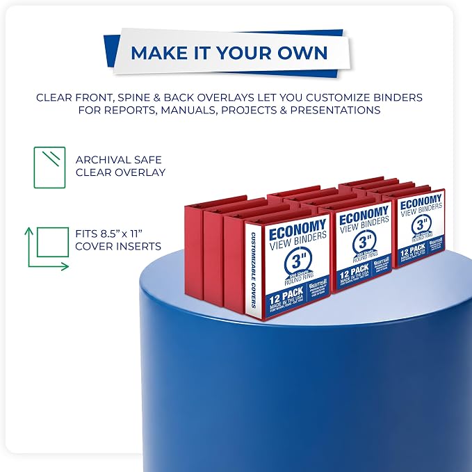 Samsill 3 Inch 3 Ring Binders, Economy Round Ring, Clear View Cover, 550 Sheet Capacity - for School, Home, Office - Red, 12 Pack