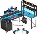 L Shaped Gaming Desk, Reversible with LED Lights, Shelves, Charging, Black | Reversible, LED lights, Charging, Monitor stand