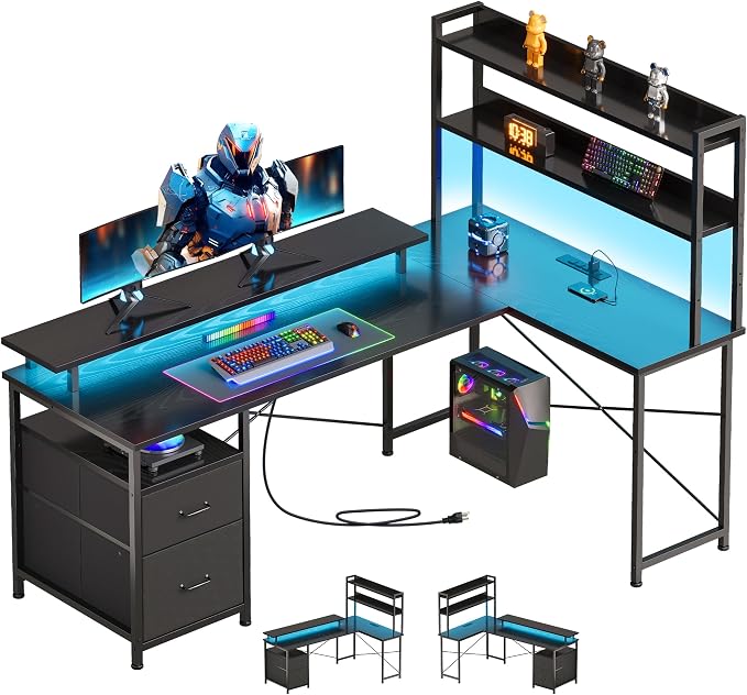 L Shaped Gaming Desk, Reversible with LED Lights, Shelves, Charging, Black | Reversible, LED lights, Charging, Monitor stand