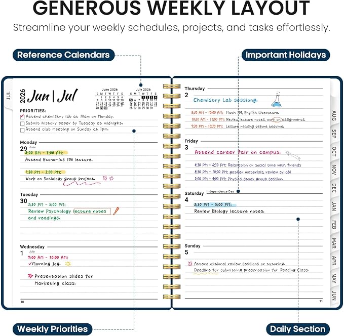 Taja Planner 2026-2027, 6.3" x 8.5" Calendar Planner, Jul 2026-Jun 2027 | A5 Hardcover Weekly & Monthly Academic Year Planner, Large Planning Agenda With Tabs, School & Office Supplies, Navy Blue