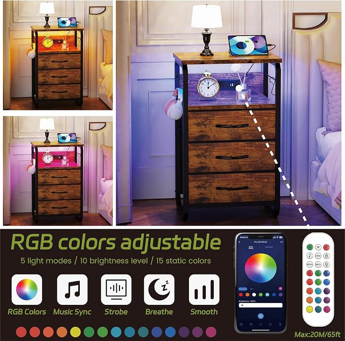 runjuly End Table with LED Light, Charging Station, and Hooks, Rustic Brown | 3 Fabric Drawers Storage, Type C & USB Ports & Power Outlets, Industrial Wood, Small Nightstand for Living Room / Bedroom