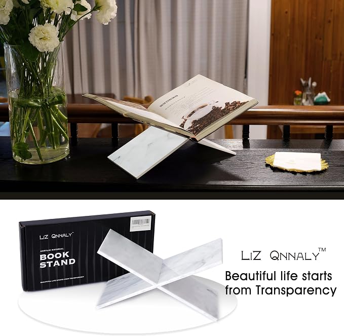 Clear Acrylic Book Holder，Transparency Reading Open Book Stand with Paperweight, Perfect for Cookbooks, Magazines and Bible Display (Large Marble Pattern)