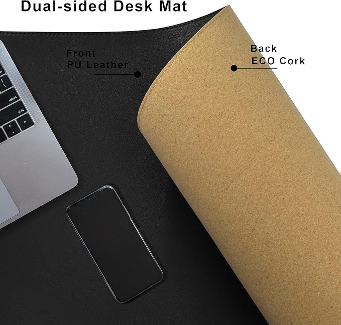 Cacoy 48"x24" Dual-Sided Desk Pad Blotter, Cork & PU Leather Desk Mat,Black | Cork Desk Protector Large Mouse Pad Leather Desk Organization and Accessories Non-Slip Stitched Edges Waterproof Writing Pad