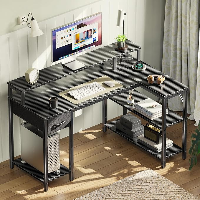 SUPERJARE 47 inch L Shaped Gaming Desk with LED Lights & Power Outlets, Reversible Computer Desk with Shelves & Monitor Stand, Corner Desk with Drawer, for Home & Office, Carbon Fiber Black