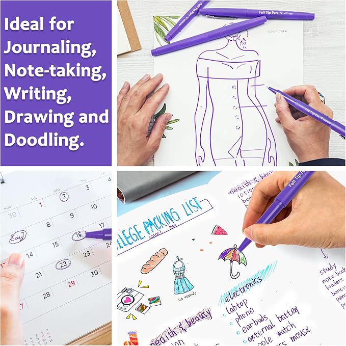 Lelix Felt Tip Pens, 40 Purple Pens, 0.7mm Medium Point, Felt Tip Markers Pens for Journaling, Writing, Note Taking, Planner, Perfect for Art Office and School Supplies