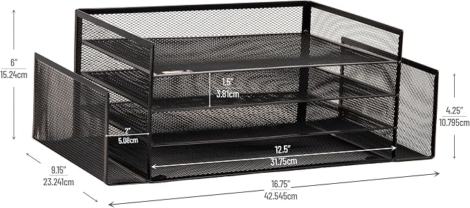 Mind Reader Desktop Organizer, File Storage, Paper Tray, Workspace, Office, Metal Mesh, 16.75"L x 9.15"W x 6"H, Black