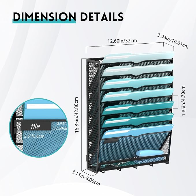 8-Tier Wall File Organizer and Mail Organizer with 5 Hooks, 2 Pack | Label slots, curved openings, 5 key hooks, and a bottom tray support organized mail, file, and everyday item storage.