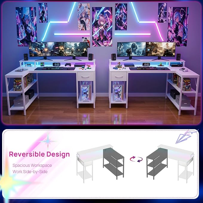 Alpen Computer Desk, L Shaped Desk for Gaming, Home Office Desk with LED Lights, Reversible Corner Desk with Shelves and Drawer, PC Desk for Living Room, Bedroom, 53 Inch, White