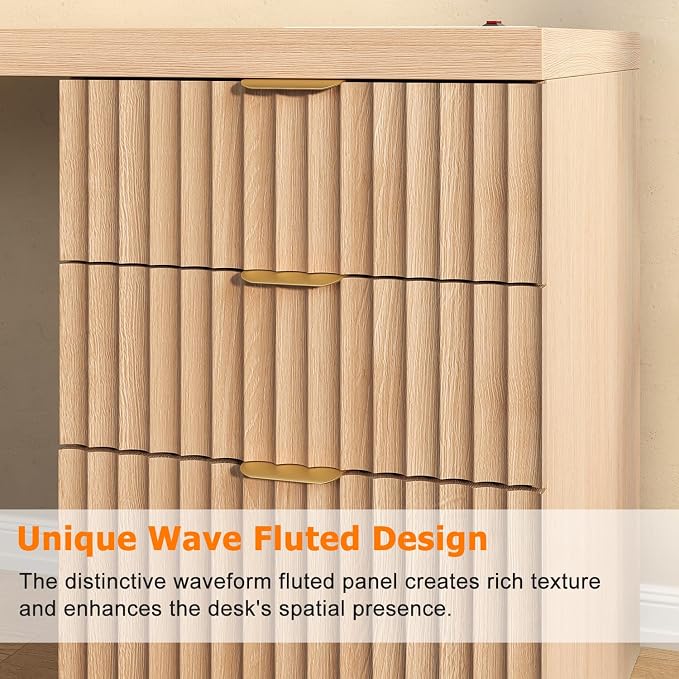 69" Fluted L Shaped Executive Desk with Power Outlets & File Drawer, Modern Wood L Shaped Office Desk with Storage Cabinet and Drawers, Large Corner Desk Computer Writing Desk for Home, Natural Oak