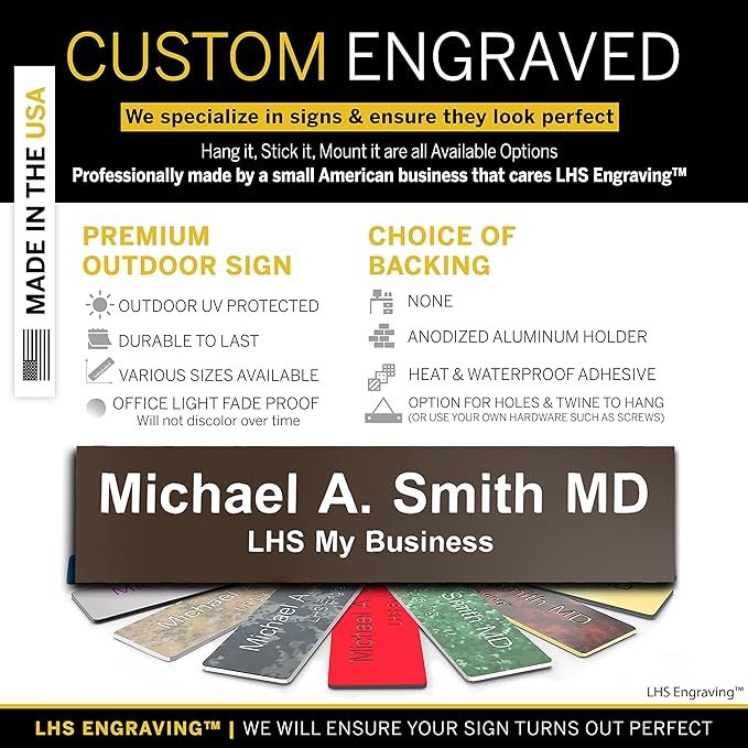 Custom Name Plate with Choice of Mounting for Walls, Doors, Desk Holders, Cubicles, Hanging and More - Personalized Brown Plastic White Letters - USA Made 2x8 - B25