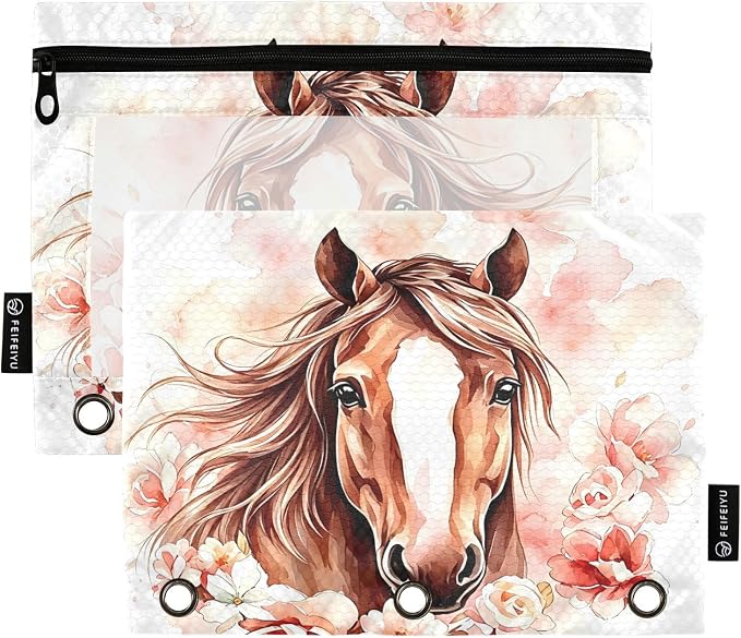 Brown Horse Watercolor Flower Pencil Pouch for 3 Ring Binder, 2 Pack Waterproof Pencil Bags Clear Window Pencil Case Zipper School Office Supplies