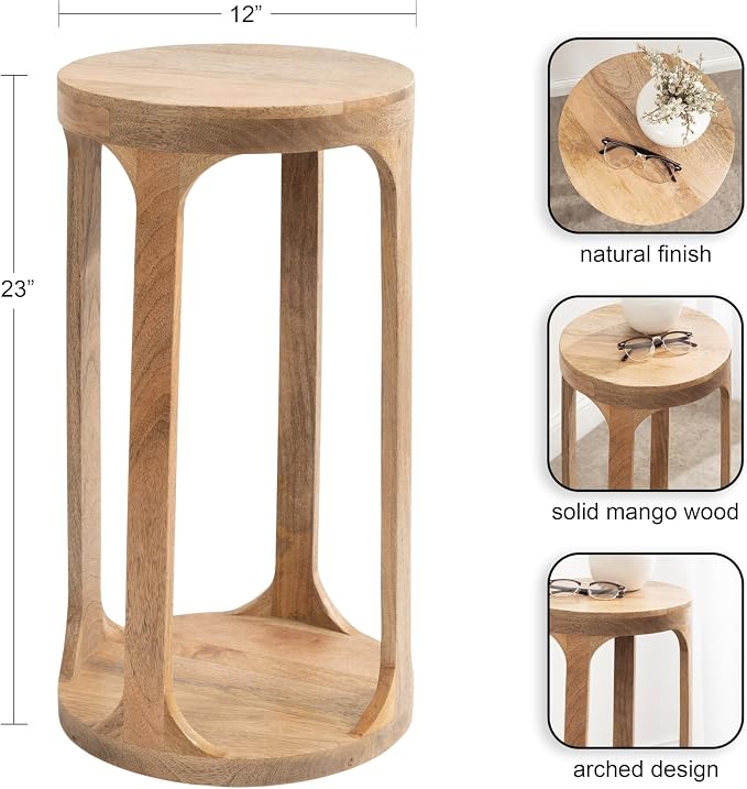 Kate and Laurel Dahl Wooden Round Drink Table; 12 x 23; Natural Brown; Transitional Boho Circle Wood Accent Pedestal Table for Living Room Plant Stand or Small Bedroom Nightstand
