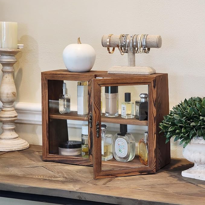MOOCA Wood Glass Display Case with Double Doors, 2-Level Shelf, Brown | Brown wood-and-glass case with double doors and adjustable 2-level shelves displays collectibles, jewelry, or pastries.