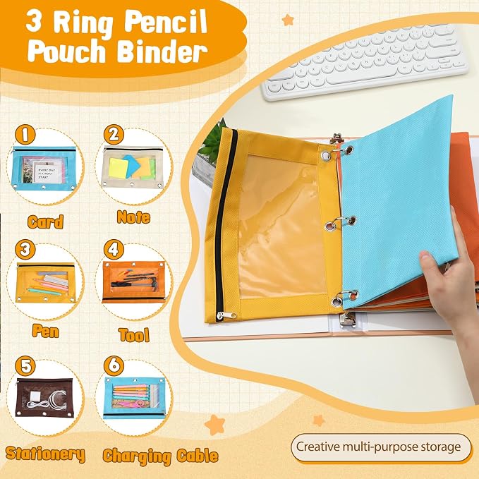 Leinuosen 64 Pack Pencil Pouch Bulk for 3 Ring Binder, Pencil Case with Black Zipper and Clear Window, Assorted Colored Storage Bags for Office, Back to School Classroom Supplies