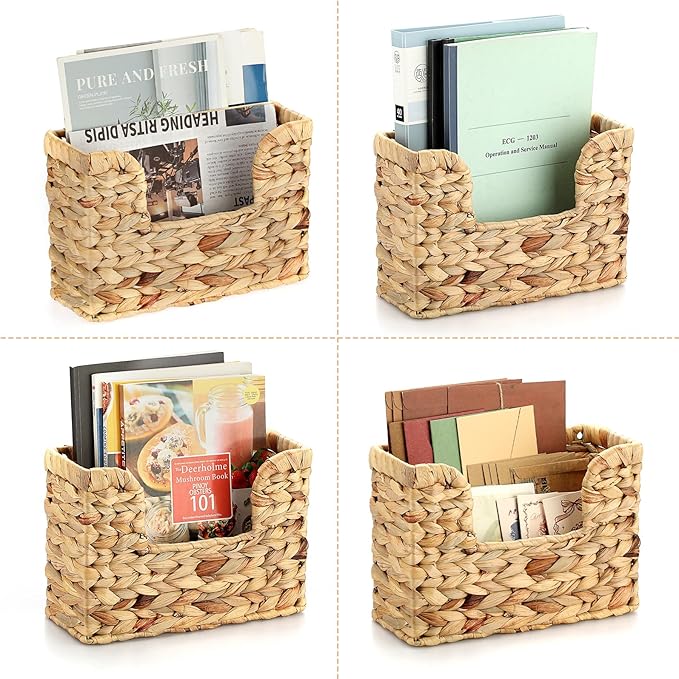 BTSKY Woven Magazine Holder, Hanging Water Hyacinth Mail Baskets for Wall | Wall Mounted Mail Organizer for Magazines, Files, Books, Magazine Rack Hanging Basket for Home & Office - 11.8x4.3x7.9 Inch